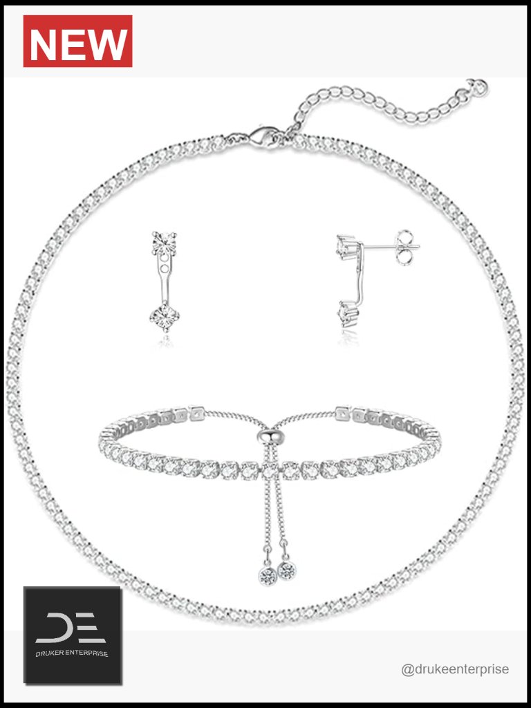 Sterling Silver Plated Tennis Necklace Bracelet Earring Set With Cubic Zirconia